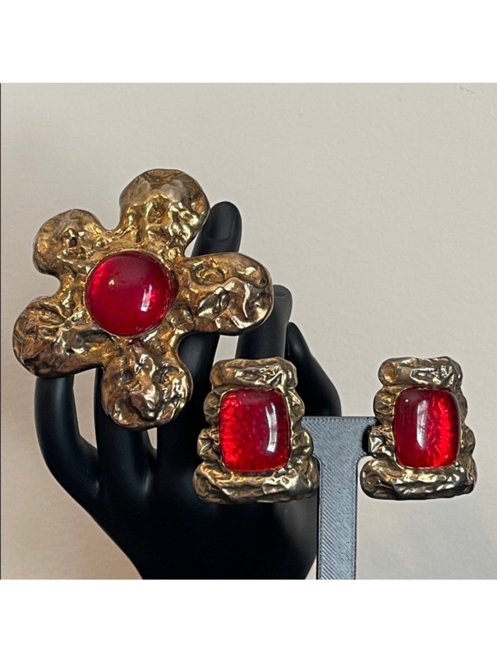 Les Bernard VO Brutalist Collection Red Gripoix Glass Brooch & Clip-on Set